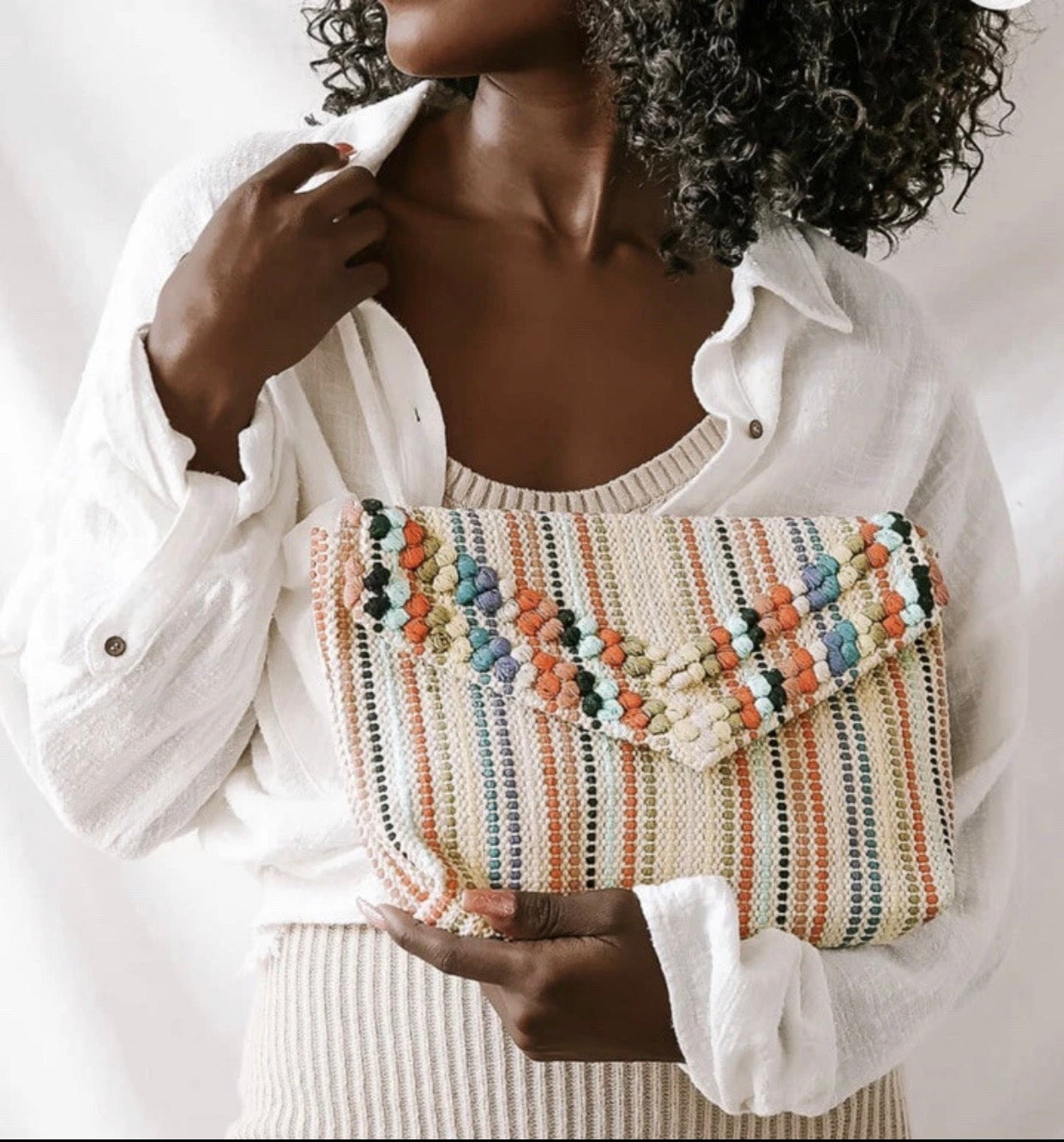 Beige Multi Striped Woven Clutch