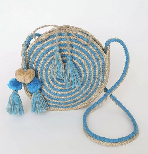 Blue and Beige Woven Circle Crossbody Bag