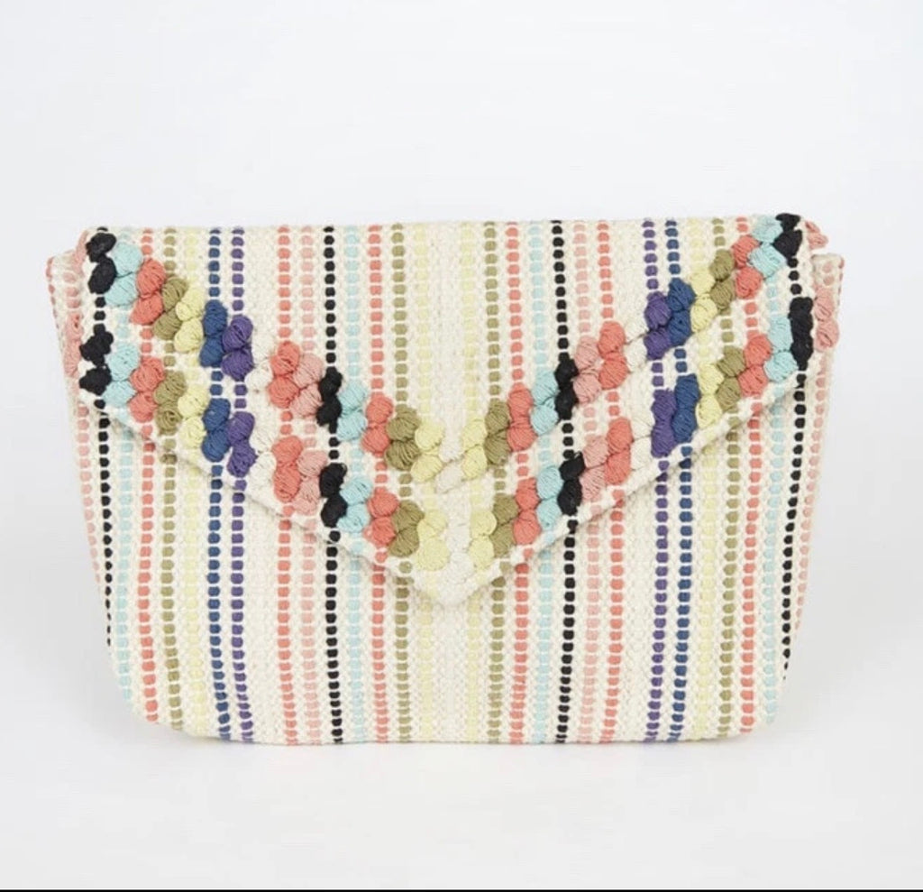 Beige Multi Striped Woven Clutch