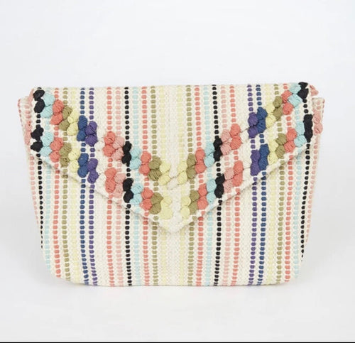 Beige Multi Striped Woven Clutch